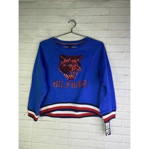 Tommy Hilfiger Girls Sequin Tiger Logo Crop Cropped Sweatshirt Blue Size L 12 14